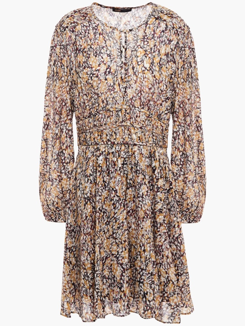 Maje Metallic Fil Coupé Floral Dress FR 40 US 8 Boho Long Sleeve Gathered Waist